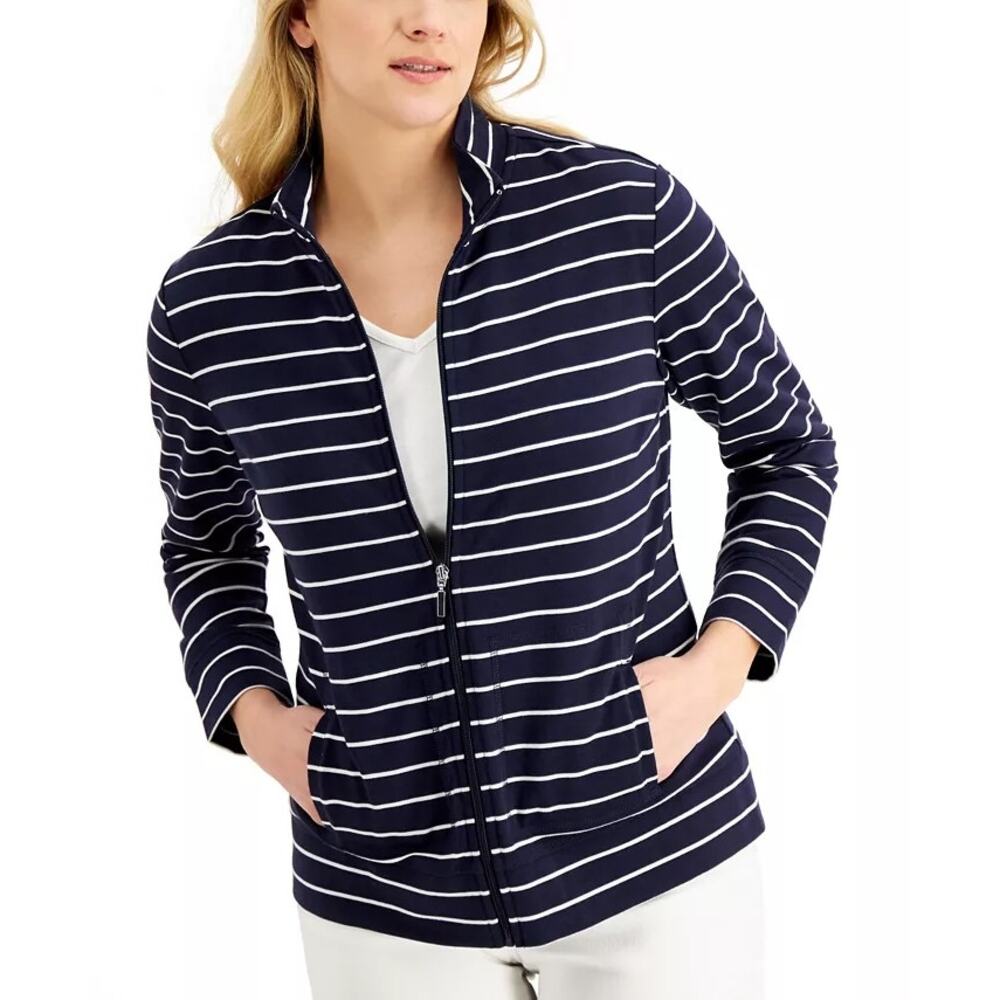 Karen Scott Sport Striped Mock-Neck Zip‎ Front Jacket  – Black / White – XS